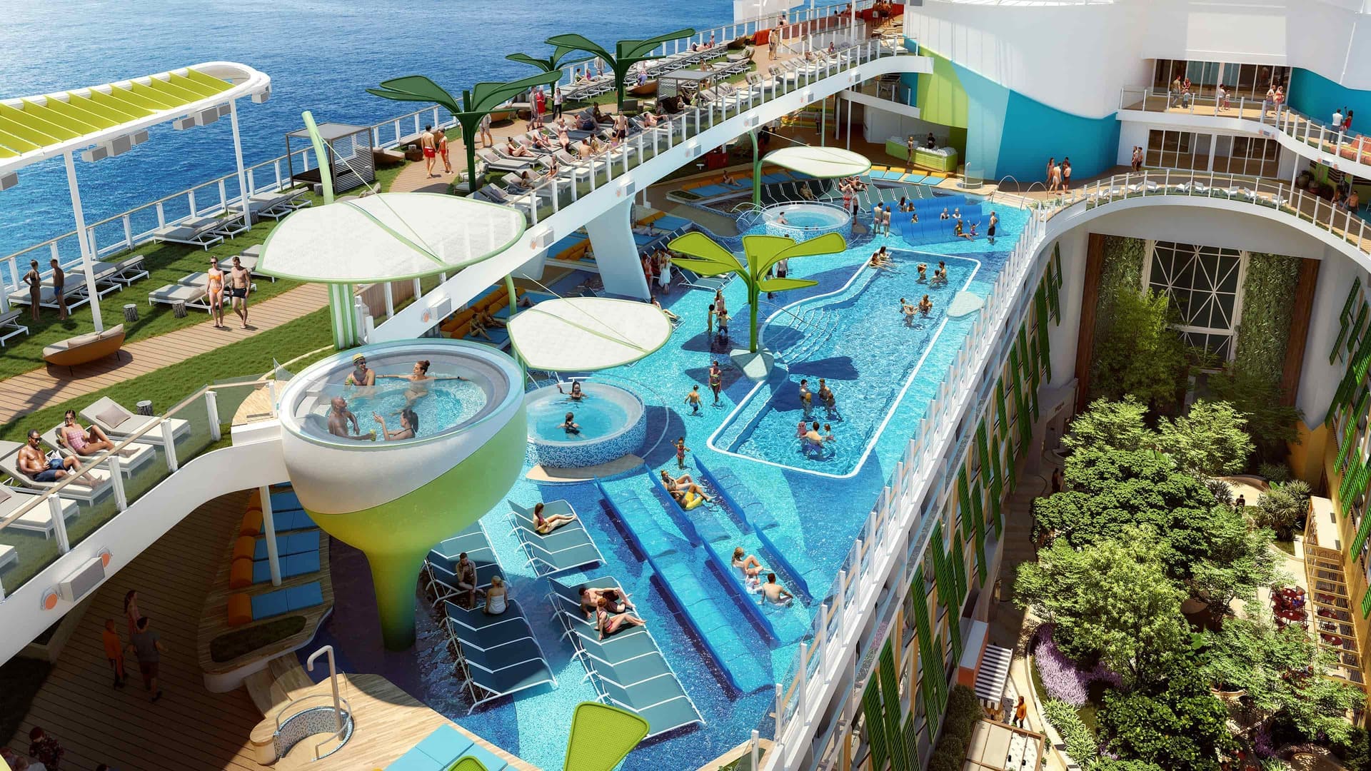 寒冷島皇家灣的一片廣闊綠洲等待著您的光臨SM。擁有超過 40,000 加侖的水，是海上最大的泳池—配有水下躺椅和升高的漩渦浴缸，可提供更高的視野和充足的空間來吸收陽光或濺起水花。