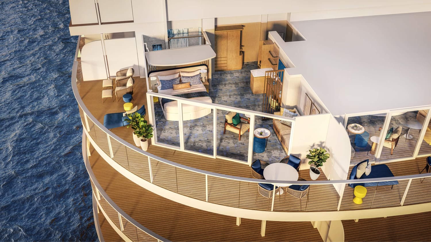 日落角落套房，四周都是一望無際的藍色景色起居和休息空間提供了完美的場所，從冒險中充電。