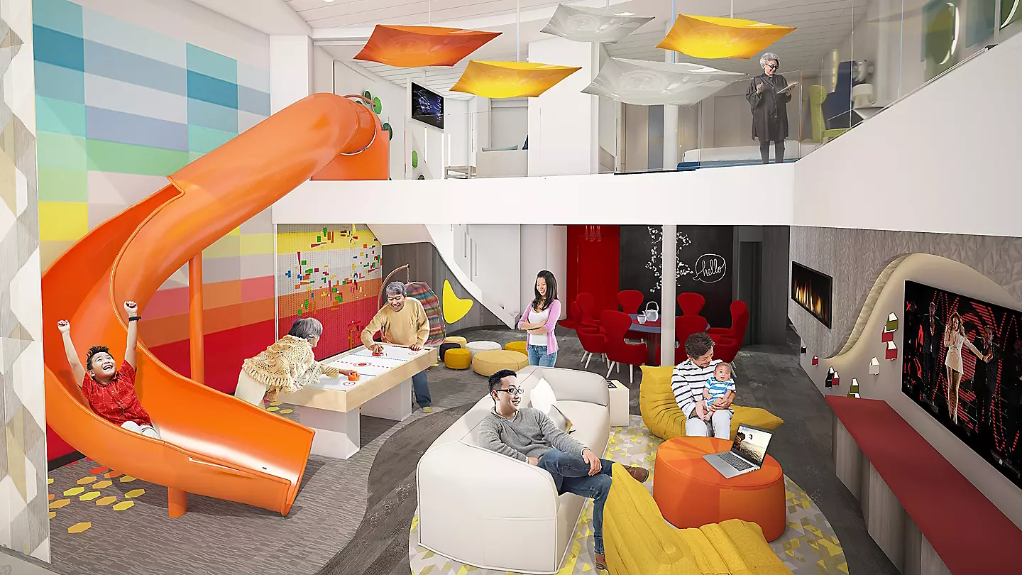 終極家庭套房，在迄今為止最大的終極家庭套房中探索兩層樓的寬敞住宿和創新刺激。您的孩子可以在自己的套房內滑梯上投入一天的冒險。或是在陽台上攀爬海浪之上的攀岩牆，同時在豪華的水療式主浴室中欣賞無盡的海景。在兼具完美卡拉 OK 場所的私人影院中，輕鬆留下家庭回憶。